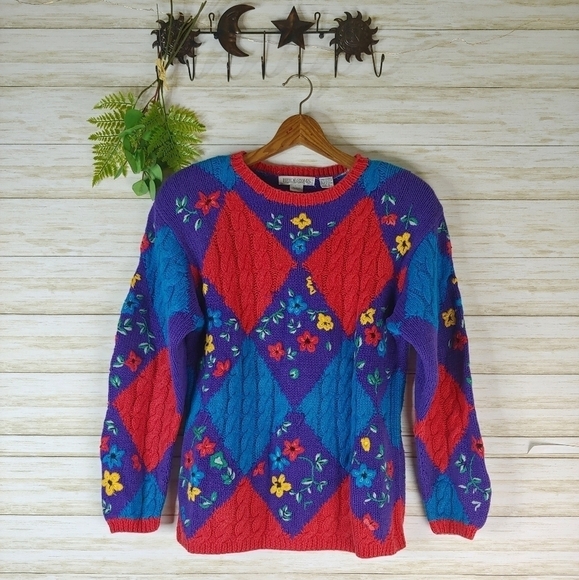 Vintage Chunky Grandma Checkered Floral Sweater - Picture 1 of 5